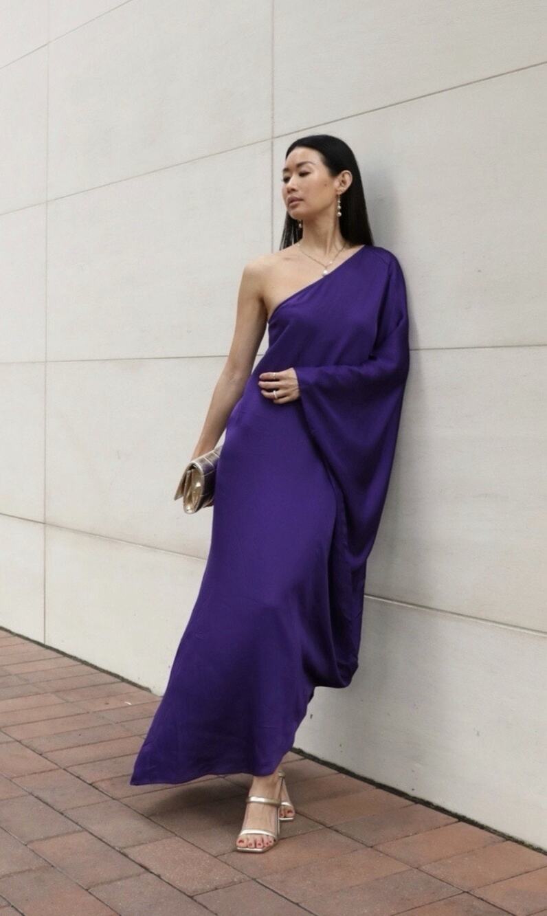 L'AGENCE Selena Asymmetric Satin Dress Womens Large Deep Purple NWT